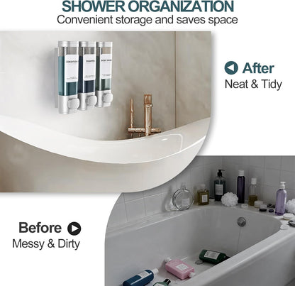 Shampoo Conditioner Shower Soap Dispenser 3 Chamber Wall Mount Black | Refillable. Leakproof 900ml. No-Drill Wall Mount. Soap, Shampoo, Conditioner, Body Wash, Shower Gel, Bathroom Set. BPA-Free.