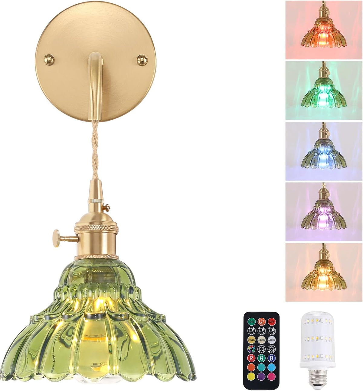Shenmoyl Battery Operated Wall Sconce Wall Lamp with Green Lily of the Valley Shade Pattern Glass Adjustable Chain Retro Gold Wall Mounted Light, Modern Wall Lamp Fixtures Decor for Bedside Bedroom