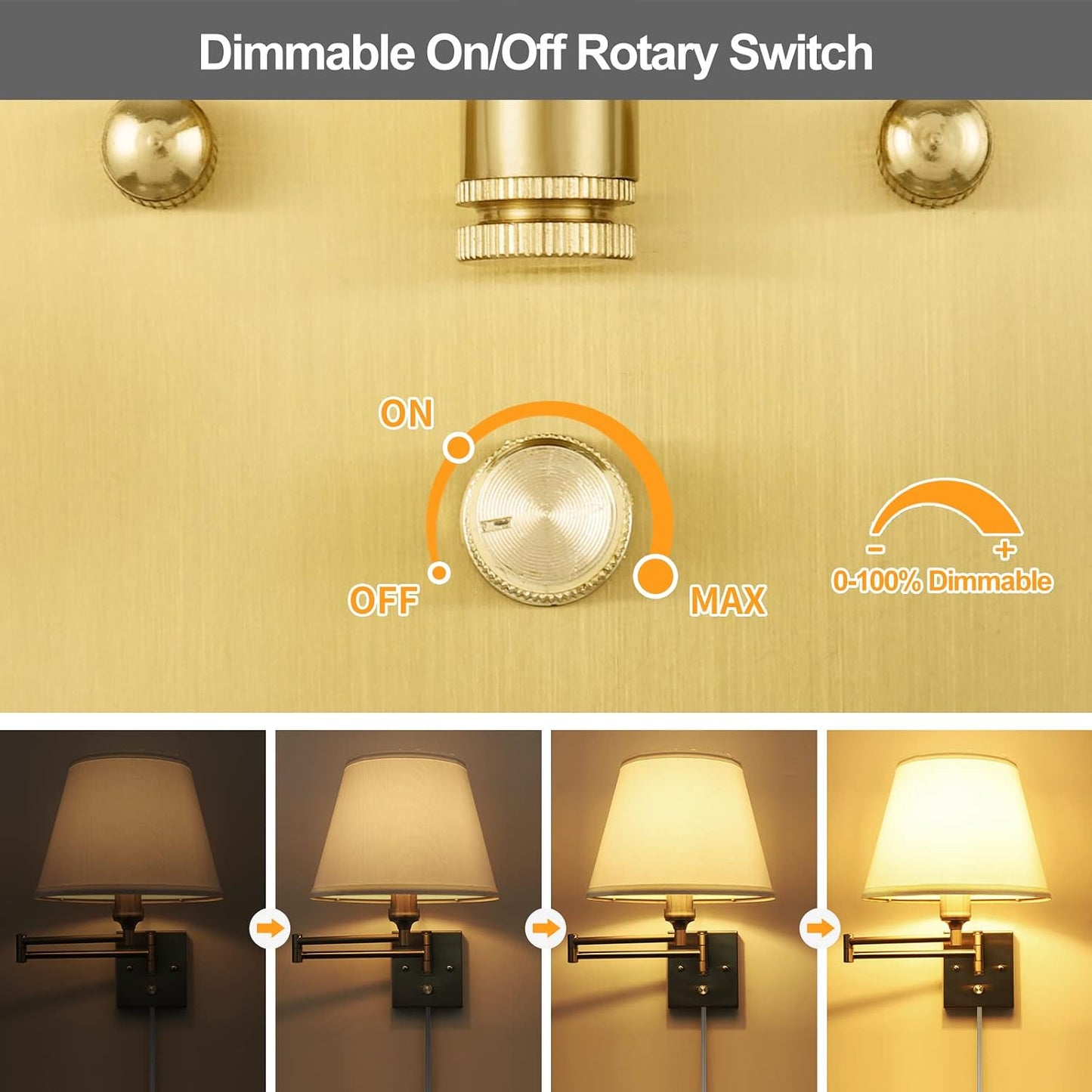 TRLIFE Wall Sconce Plug in, Dimmable Wall Sconces Set of Two Swing Arm Wall Lights with Plug in Cord and On/Off Dimmer Rotary Switch, 9.4" Medium Beige Fabric Shade(2 Pack, 2 Bulbs)