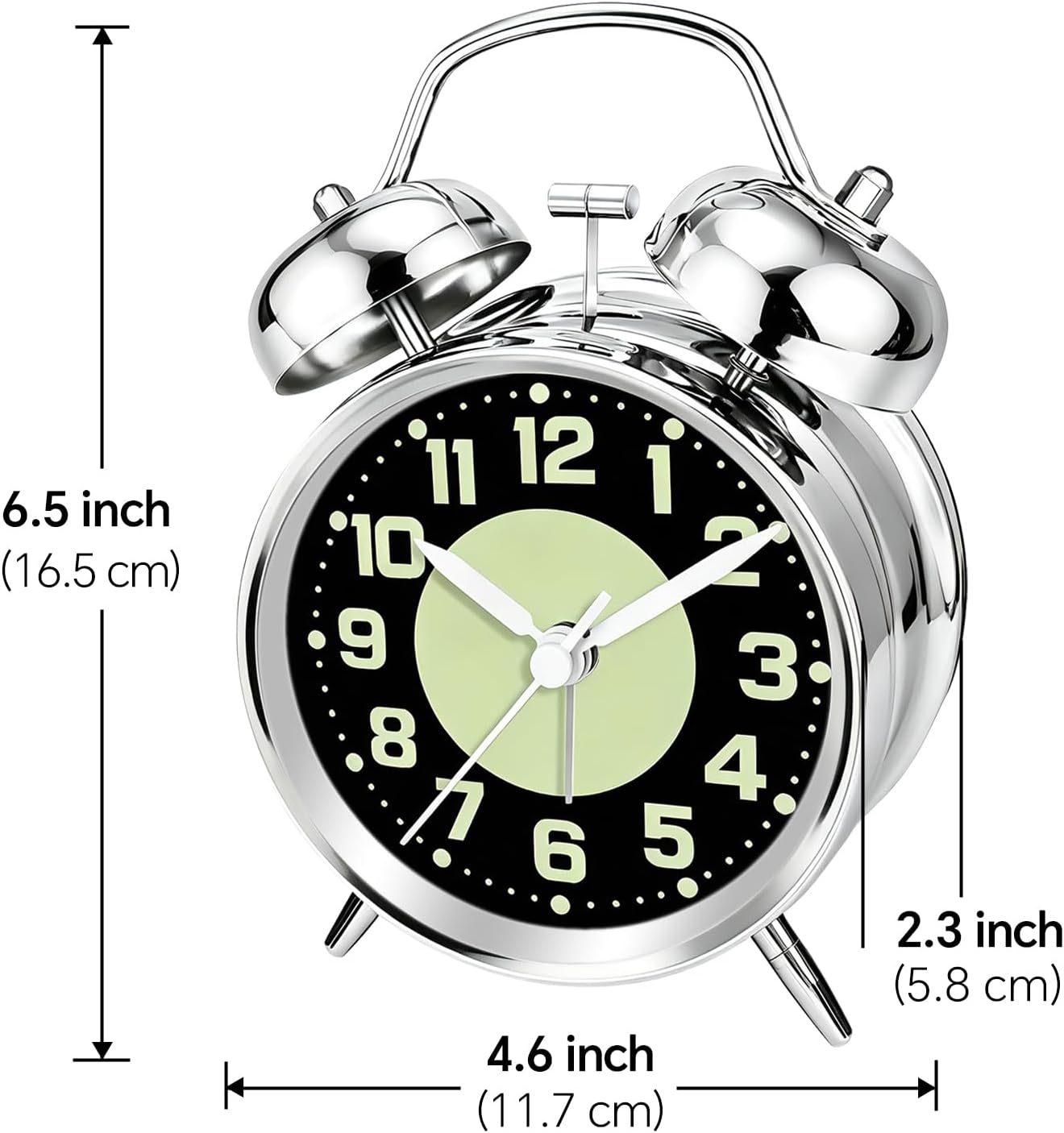 4.5" Metal Loud Alarm Clock for Heavy Sleepers Adults, Analog Battery Operated Alarm Clock with Bells Glow in Dark Numbers, Silent Old School Bedside Desk Clock for Bedroom Office Kids, Black