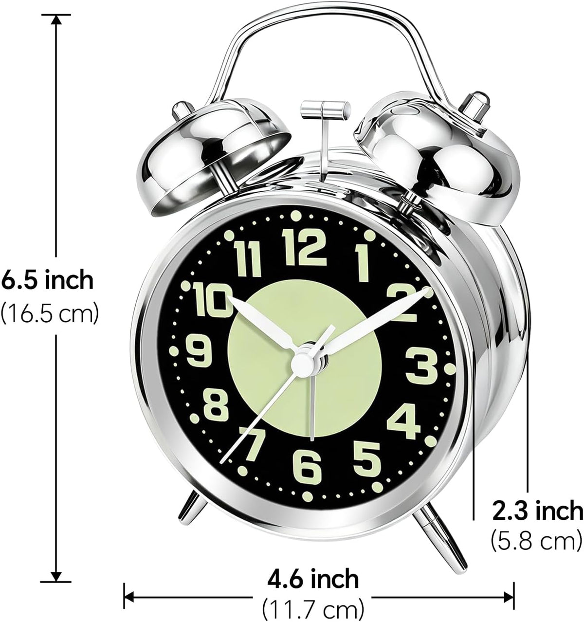 4.5" Metal Loud Alarm Clock for Heavy Sleepers Adults, Analog Battery Operated Alarm Clock with Bells Glow in Dark Numbers, Silent Old School Bedside Desk Clock for Bedroom Office Kids, Black