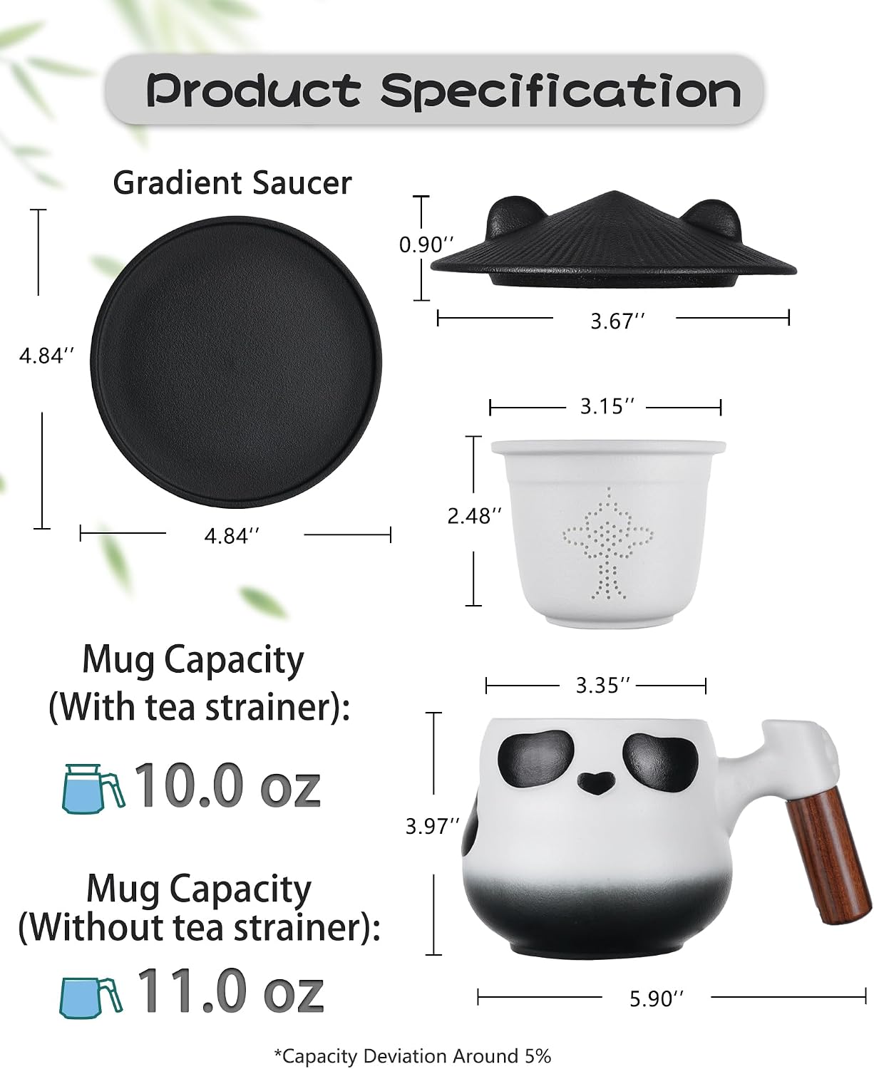 ZENS Tea Infuser Mug with Lid for Loose Leaf Tea Steeper, 11oz Panda | Embossed Ceramic Tea Infuser Mug with Fine Strainer for Herbal Tea Lovers Gifts, Nature Wood Handle
