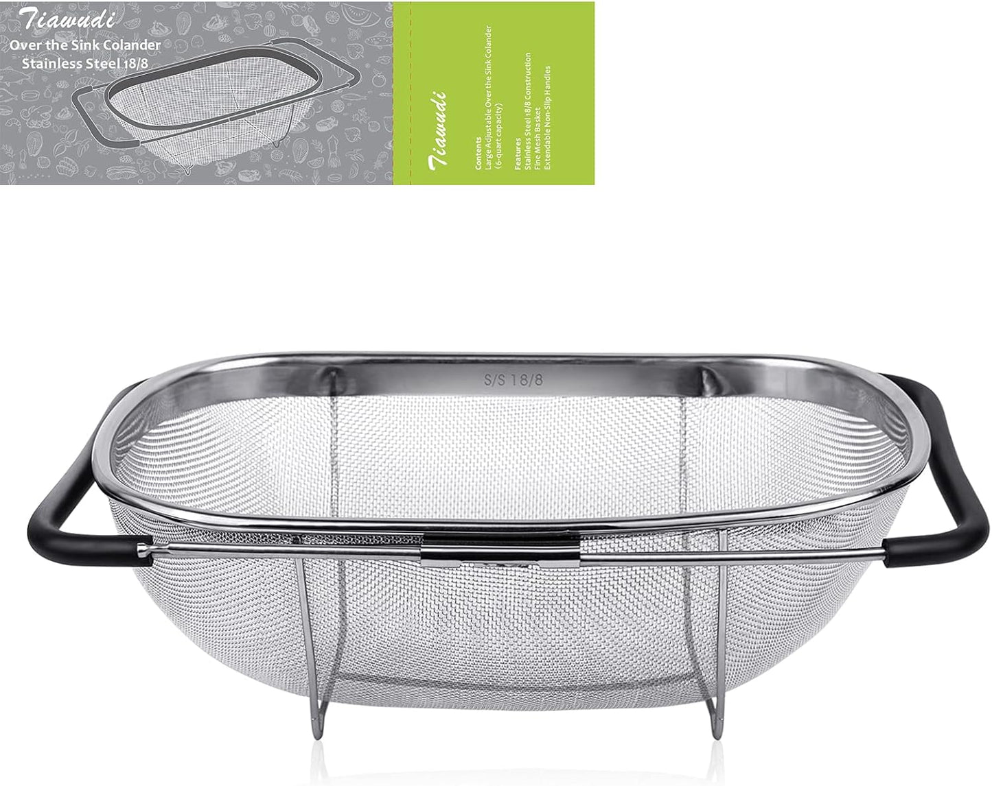 Tiawudi 6-Quart Large Over The Sink Colander, Heavy Duty 40% Thicker 18/8 Stainless Steel Fine Mesh Strainer Basket with Expandable Rubber Grip Handles - Strain, Drain, Rinse Fruits, Vegetables
