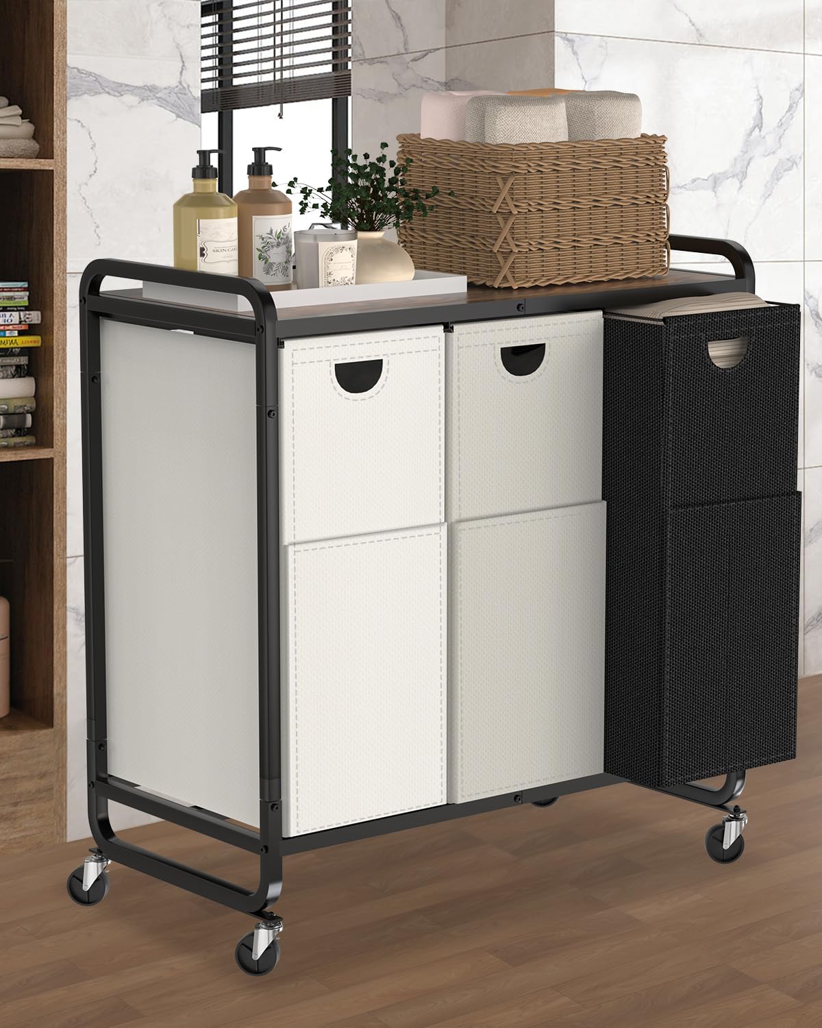 Laundry Sorter 3 Section,Laundry Basket with Wheels,3×15.8 Gal (60L) | Laundry Room Organization with Wooden Desktop Shelf,Pull-Out and Removable 900D Oxford Fabric Laundry Bags for Laundry Room