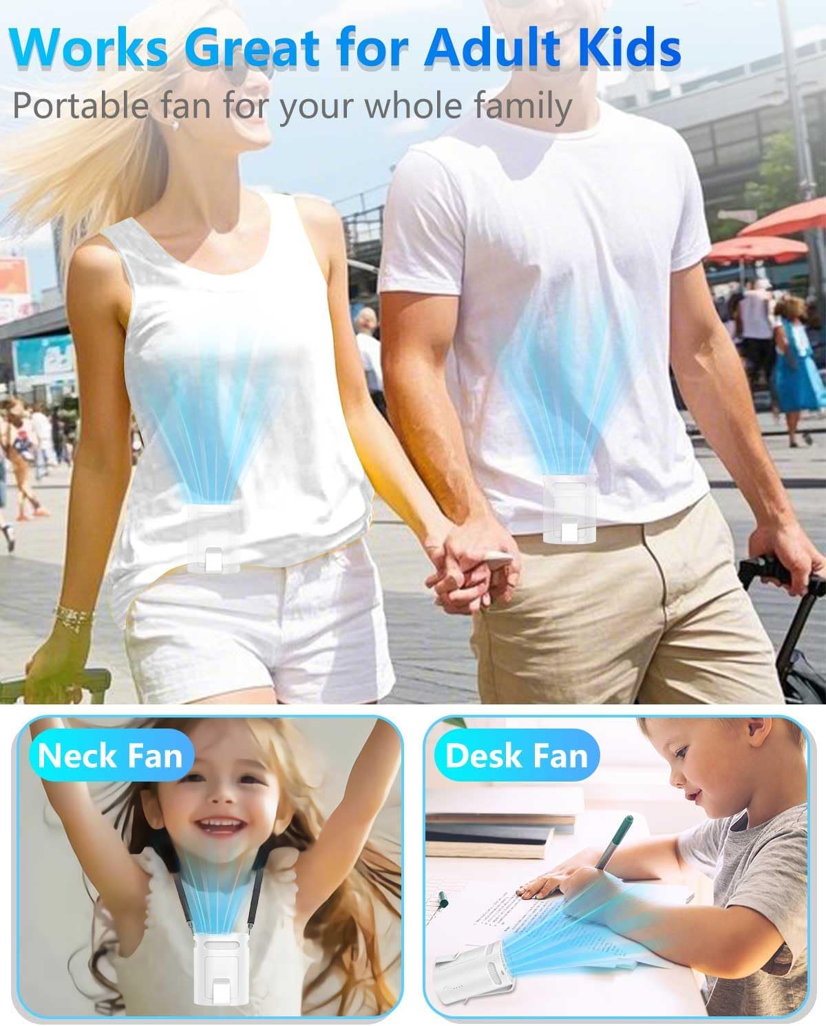 Neck Fan with Cooling Plate-24H Quiet Powerful Fans that Blow Cold Air-5 Speed&Power LED Display-USB 5500mAh Bladeless Wearable Personal AC Cooler for Women,Men,Kids,Travel,Outside,Indoor White