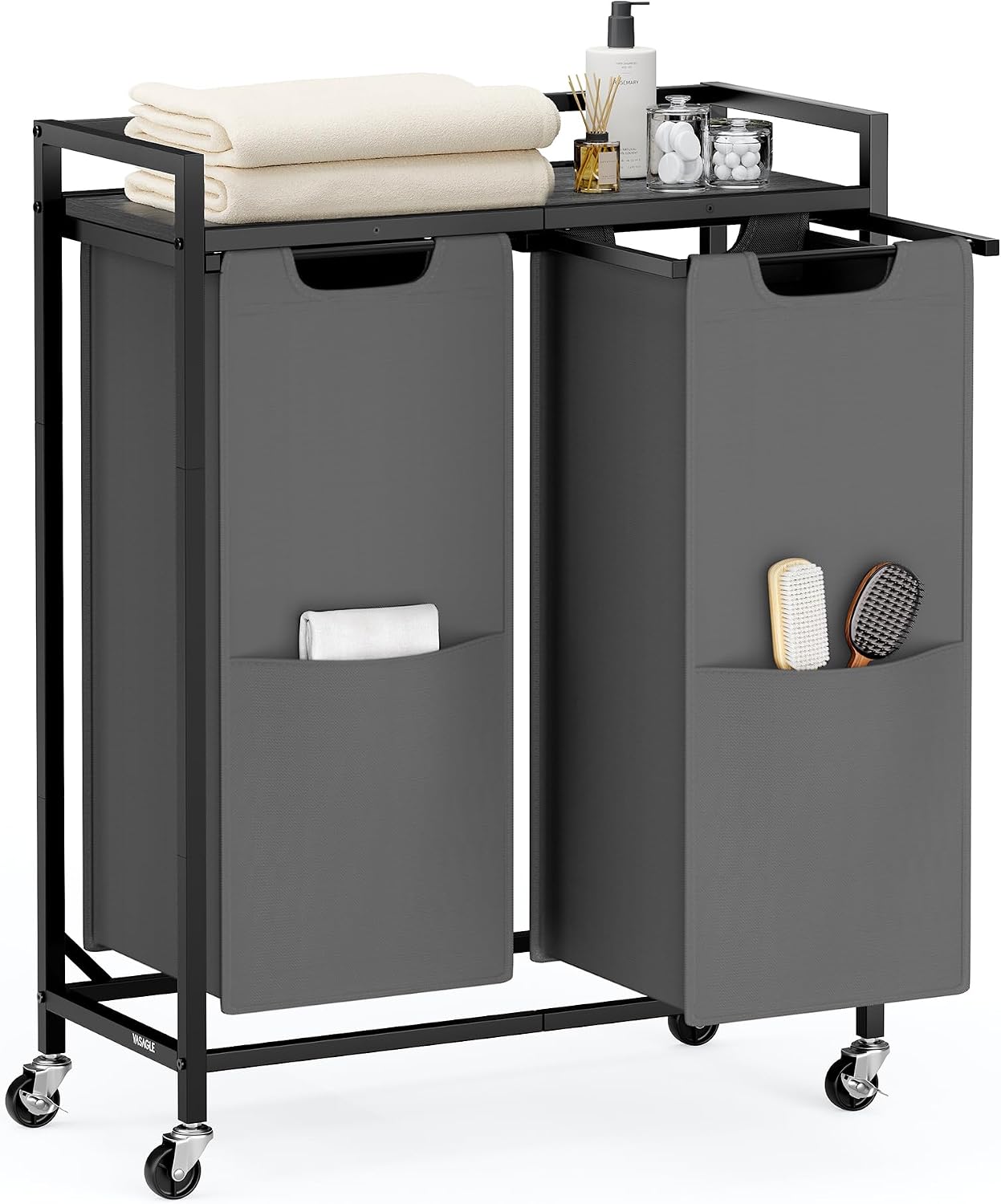 VASAGLE Laundry Sorter, 29 Gal. (110 L) Laundry Hamper Basket with 2 Compartments, Rolling Cart with Wheels, Shelf, Removable Bags, Pockets, Ink Black and Rustic Brown UBLH021B01
