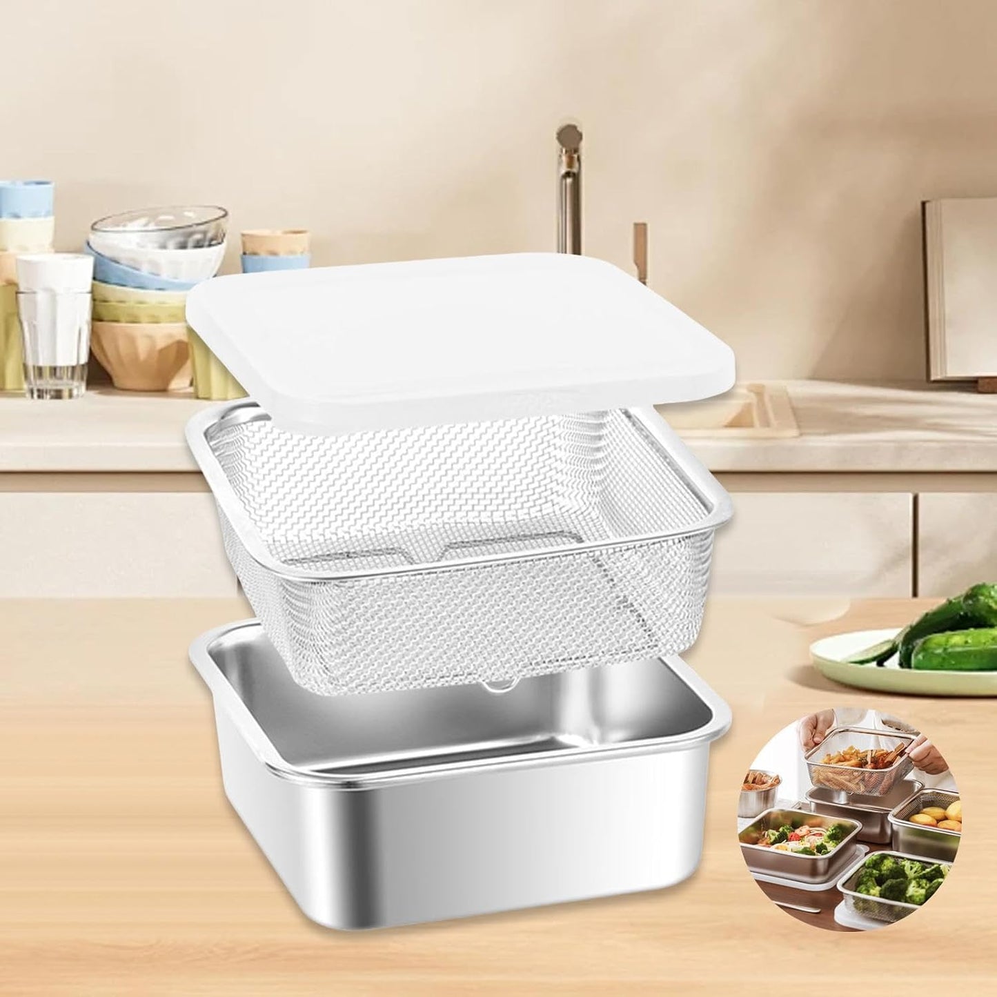 Stainless Steel Food Container with Strainer Colander Set Fridge Organizer Bin Multifunctional Kitchen Drain Basket for Lettuce Fruits, Vegetables, 1500ml