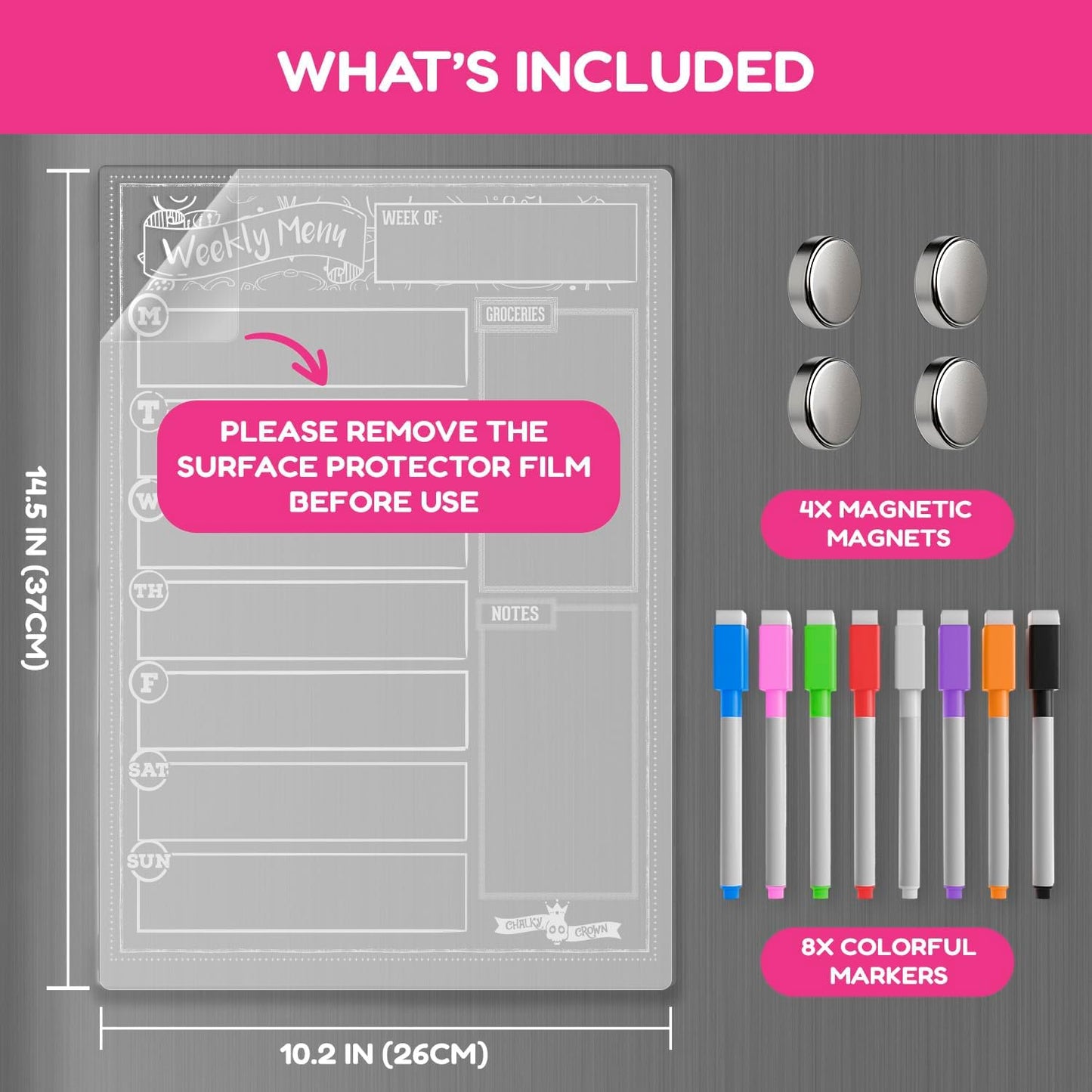 CHALKY CROWN Magnetic Dry Erase Menu Board - Black - 15.6" x 11.6" | Magnetic Weekly Meal Planner & Grocery List for Fridge - Includes 4 Liquid Chalk Markers - Easy to Write & Wipe Clean Design
