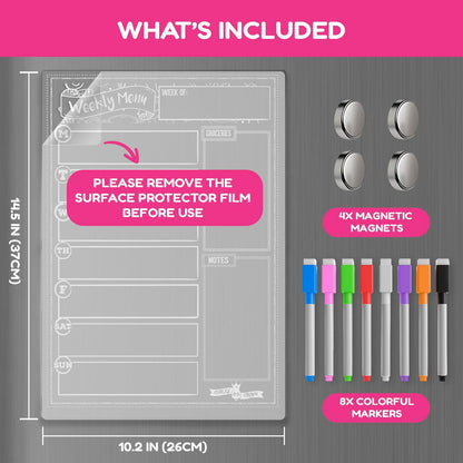 CHALKY CROWN Magnetic Dry Erase Menu Board - Black - 15.6" x 11.6" | Magnetic Weekly Meal Planner & Grocery List for Fridge - Includes 4 Liquid Chalk Markers - Easy to Write & Wipe Clean Design