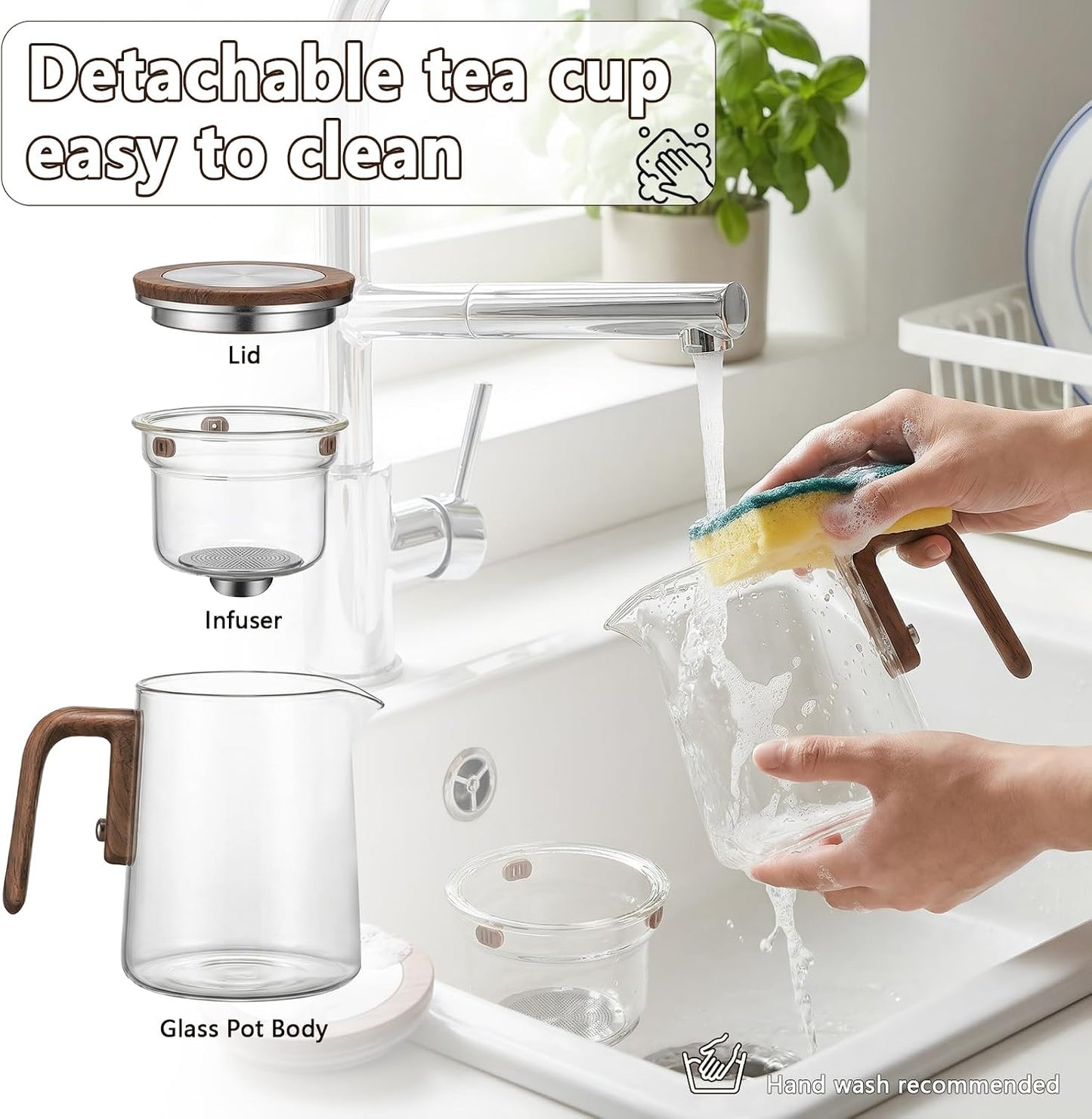 TeSabMi Magnetic Glass Teapot with Infuser, 27 oz, One-Touch Brewing | Heat-resistant borosilicate glass, detachable infuser and controlled tea separation for loose leaf, herbal and blooming tea