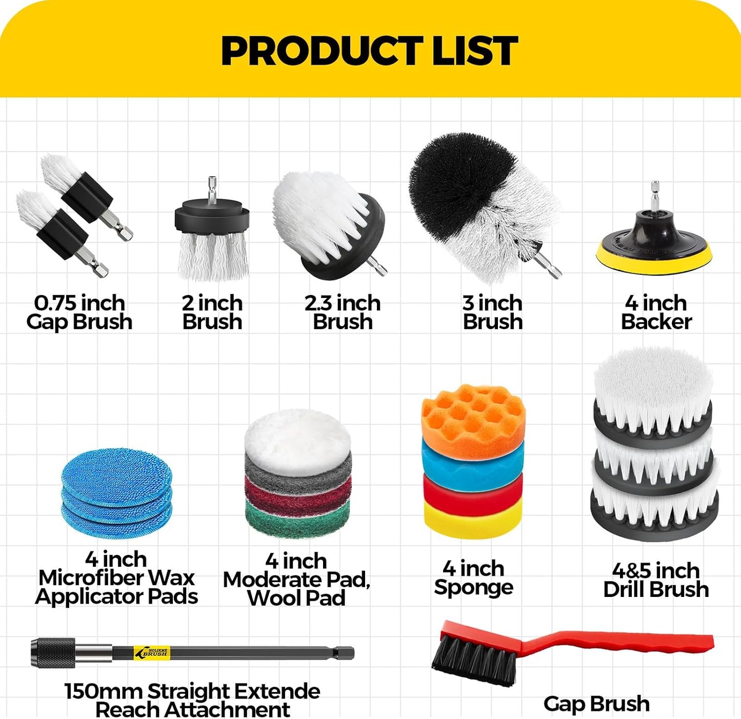 Holikme 22Pack Drill Brush Attachments Set,Scrub Pads & Sponge, Buffing Pads,Power Scrubber Brush,Car Polishing Pad Kit,Wax Applicator Pad,Car Cleaning Kit,Masonry Brushes,Cleaning Supplies | Buffing Sponges, Nylon Grout Tools, Microfiber Wax Pads, Tile