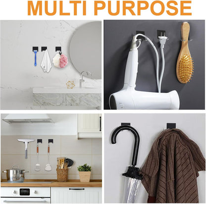 MOROBOR 4 Pcs Shower Squeegee Adhesive Hook, All-Purpose Scraper Holders Towel Hooks Stainless Steel Waterproof Storage Hook Bath Accessories for Kitchen & Bathroom（Black）