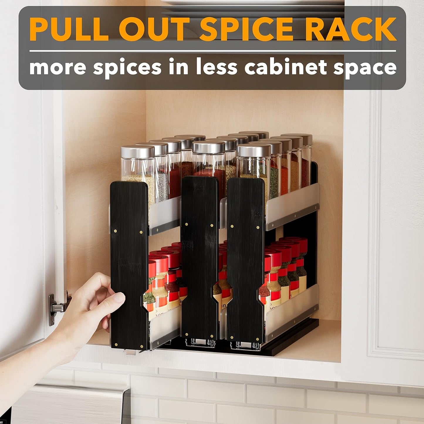 SpaceAid Bamboo Pull Out Spice Rack Organizer for Cabinet, Heavy Duty Slide Out Seasoning Kitchen Pantry Sliding Vertical Organization, 7.6" Wide, 3 Drawers(2" Wide), 2-Tier, Natural