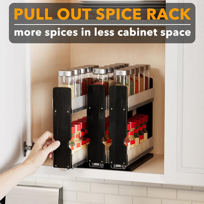 SpaceAid Bamboo Pull Out Spice Rack Organizer for Cabinet, Heavy Duty Slide Out Seasoning Kitchen Pantry Sliding Vertical Organization, 7.6" Wide, 3 Drawers(2" Wide), 2-Tier, Natural