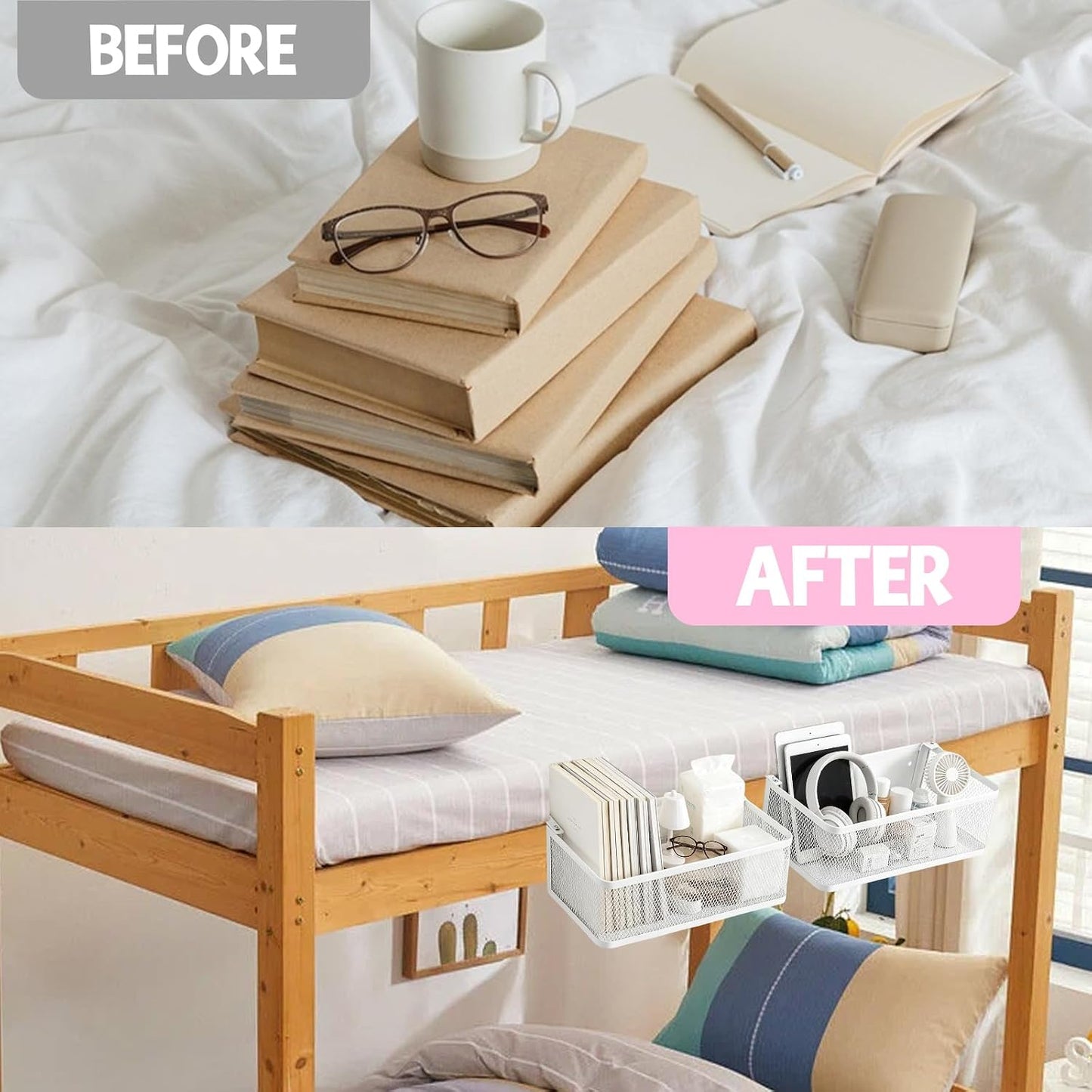 Bedside Caddy Shelf for Bunk Bed - Large Capacity Bed Caddy Organizer with Hooks for Office Cubicle Walls, Dorm Room Essentials, White, 14x5x4 Inch