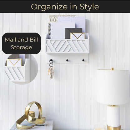 BLU MONACO Wall-Mounted Mail and Key Holder – Natural Wood 2-Tier Letter Organizer with 3 Hooks | Entryway Command Center for Mail, Keys, and Documents