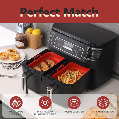 Collapsible Silicone Air Fryer Liners 8QT 10QT Ninja Dual (Gray) | 2 Pack Food Grade Platinum Silicone, Snug Rectangular Fit, Grease Drainage Ridges, Dishwasher Safe, BPA Free Basket Liner
