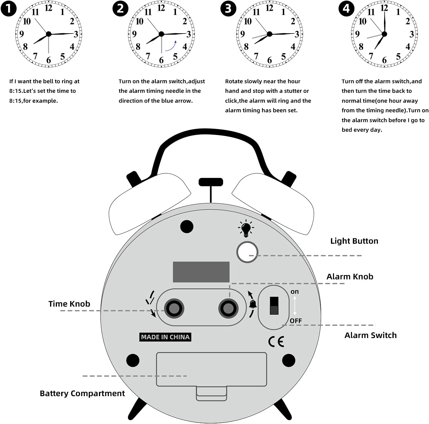FLOITTUY Loud Alarm for Deep Sleepers 4'' Retro Twin Bell Alarm Clock with Backlight for Bedroom and Home Decoration(Retro Black)