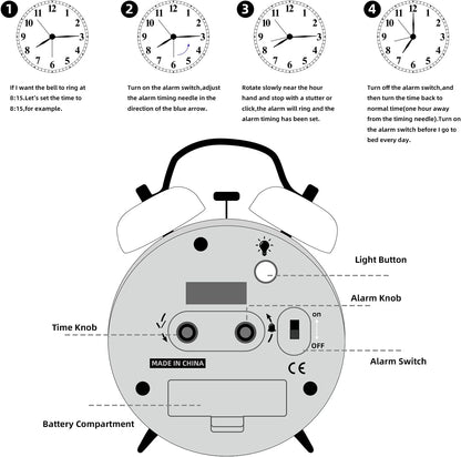 FLOITTUY Loud Alarm for Deep Sleepers 4'' Retro Twin Bell Alarm Clock with Backlight for Bedroom and Home Decoration(Retro Black)