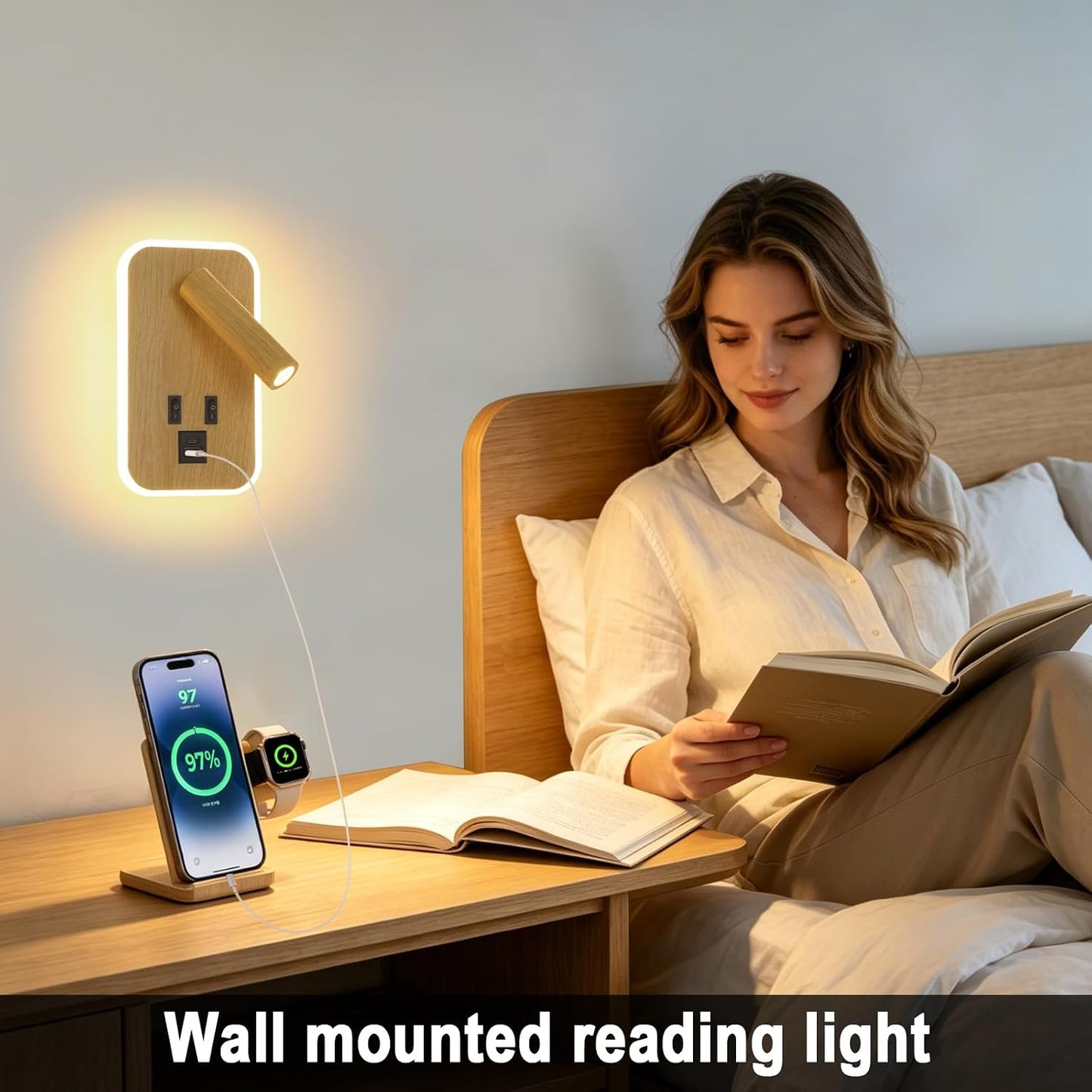 Plug in Wall Sconce with Wall Mounted Reading Lights with Switch | Wall Lamp for Bedroom with Charging Station USB C+A Ports,Bunk Bed Lights with 3W+9W Night Light,Walnut Color Reading Light