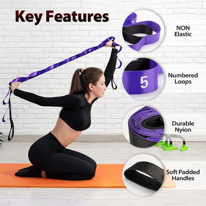 Acozycoo Stretching Strap with Loops for Physical Therapy,Knee,Calf,Back | Yoga Strap for Stretching,Non-Elastic Stretch Band,Rehab,Pilates,Flexibility Training,Hamstring,Leg Lifter,Fascia,Leg,Hip