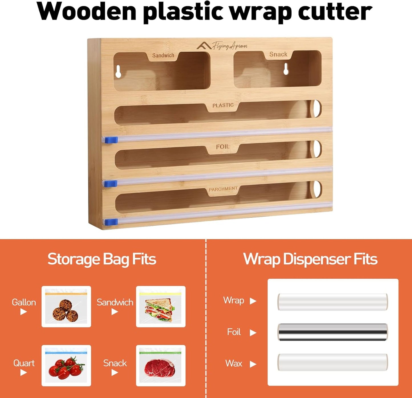 APSARAS USA Magnetic Plastic Wrap Dispenser with Cutter, 3 in 1 Aluminum Foil wrap Organizer, Practical Refillable Cling Wrap Film Cutter, Wall Mount Kitchen Wrap Dispenser, Include 2 * 12" Rolls