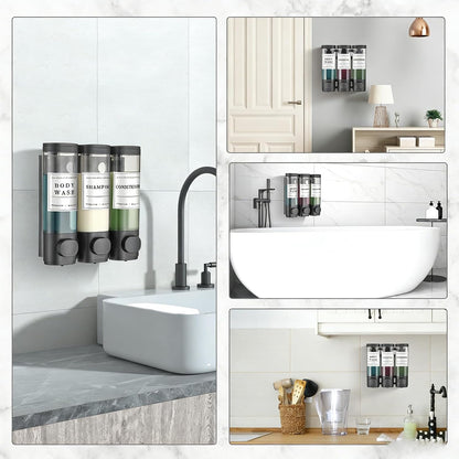 Shampoo and Conditioner Dispenser, Shower Soap Dispenser Wall Mounted, Shampoo Dispenser for Shower Wall No Drill, Bathroom Body Wash Dispenser 3 * 350ml Silver 3 Chamber