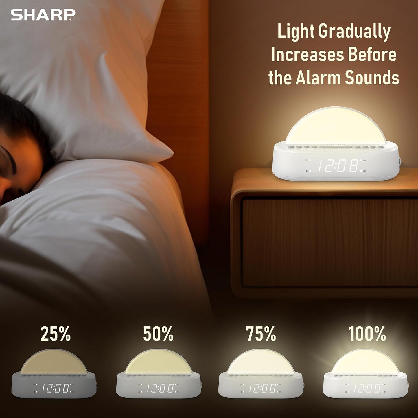 SHARP Sunrise Alarm Clock with Wake-Up Light, Sleep Sounds and Night Light | Sunrise wake light; Sunset sleep timer; 5 sleep sounds; 8-color night light; Dimmer; Snooze; Battery backup