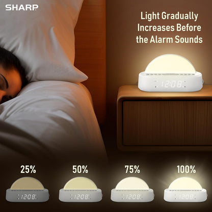 SHARP Sunrise Alarm Clock with Wake-Up Light, Sleep Sounds and Night Light | Sunrise wake light; Sunset sleep timer; 5 sleep sounds; 8-color night light; Dimmer; Snooze; Battery backup