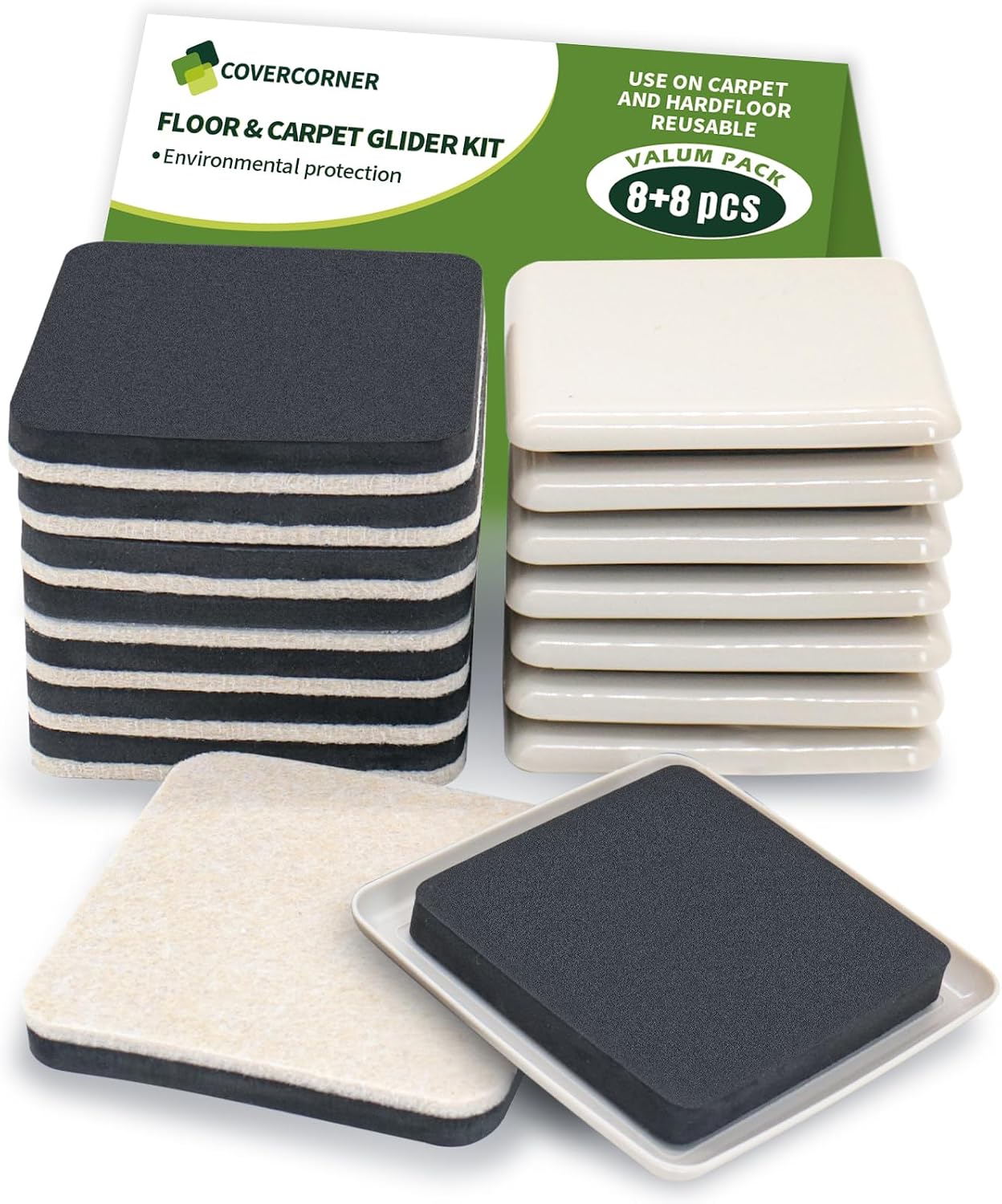 Furniture Sliders for Carpet and Hardwood, 8 PCS 3 1/2", Brown | Furniture Sliders for Hardwood Floors, Sliders for Moving Furniture, Furniture Movers Sliders, Combo Pack, Square