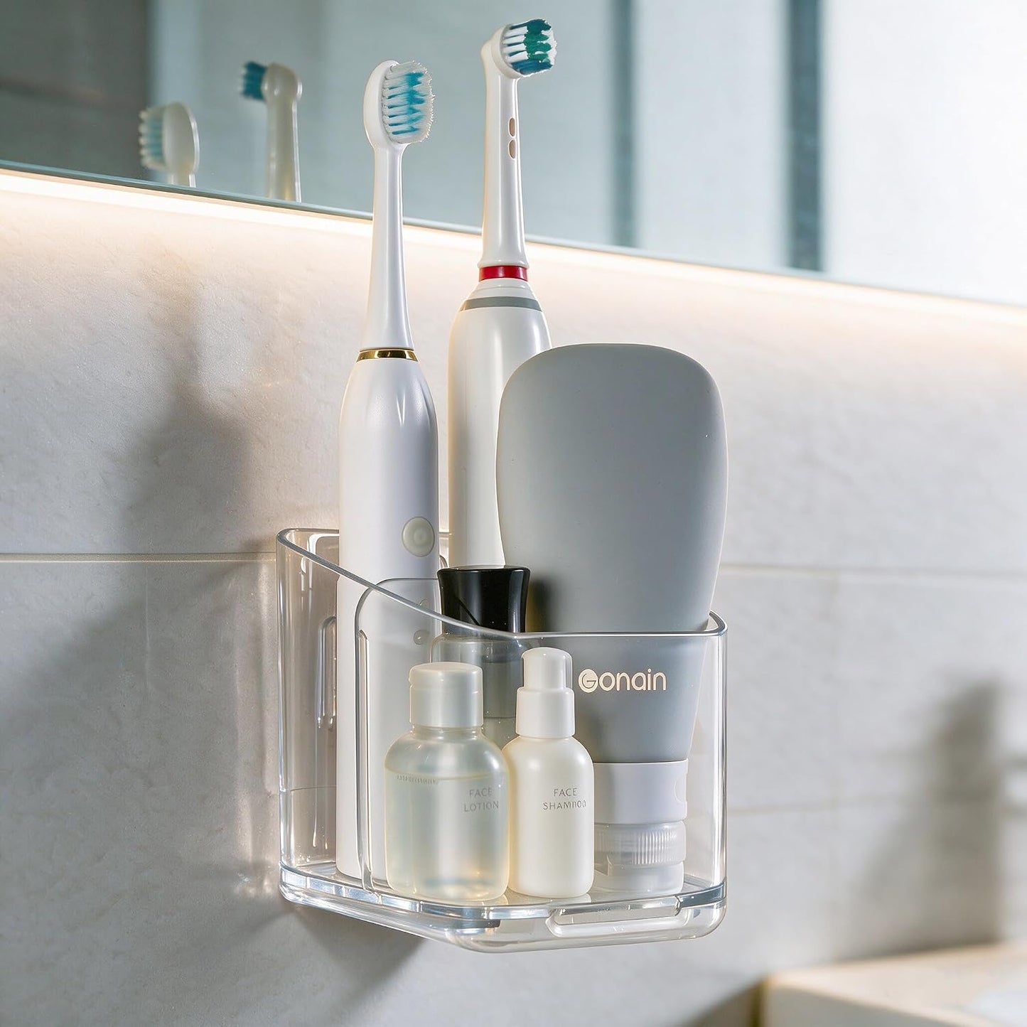 Toothbrush Holders for Bathroom - Detachable Divided Design, Drawer Drainage Tray, Adhesive Wall-Mounted/Countertop Dual-Use, Large Capacity Organizer for Bathroom/Kitchen/Office, Easy Install (Clear)