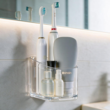 Toothbrush Holders for Bathroom - Detachable Divided Design, Drawer Drainage Tray, Adhesive Wall-Mounted/Countertop Dual-Use, Large Capacity Organizer for Bathroom/Kitchen/Office, Easy Install (Clear)