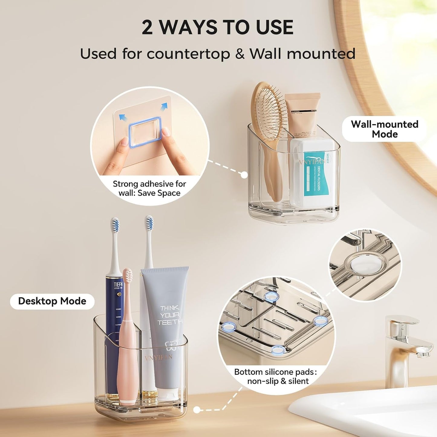 3 Slots Toothbrush Holders with Detachable Dividers for Bathrooms | Toothbrush Holder Wall Mounted with Drip Tray, Electric Tooth Brush and Toothpaste Holder Organizer for Bathroom Countertop