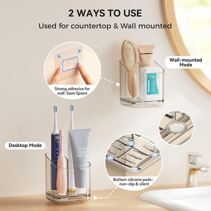 3 Slots Toothbrush Holders with Detachable Dividers for Bathrooms | Toothbrush Holder Wall Mounted with Drip Tray, Electric Tooth Brush and Toothpaste Holder Organizer for Bathroom Countertop