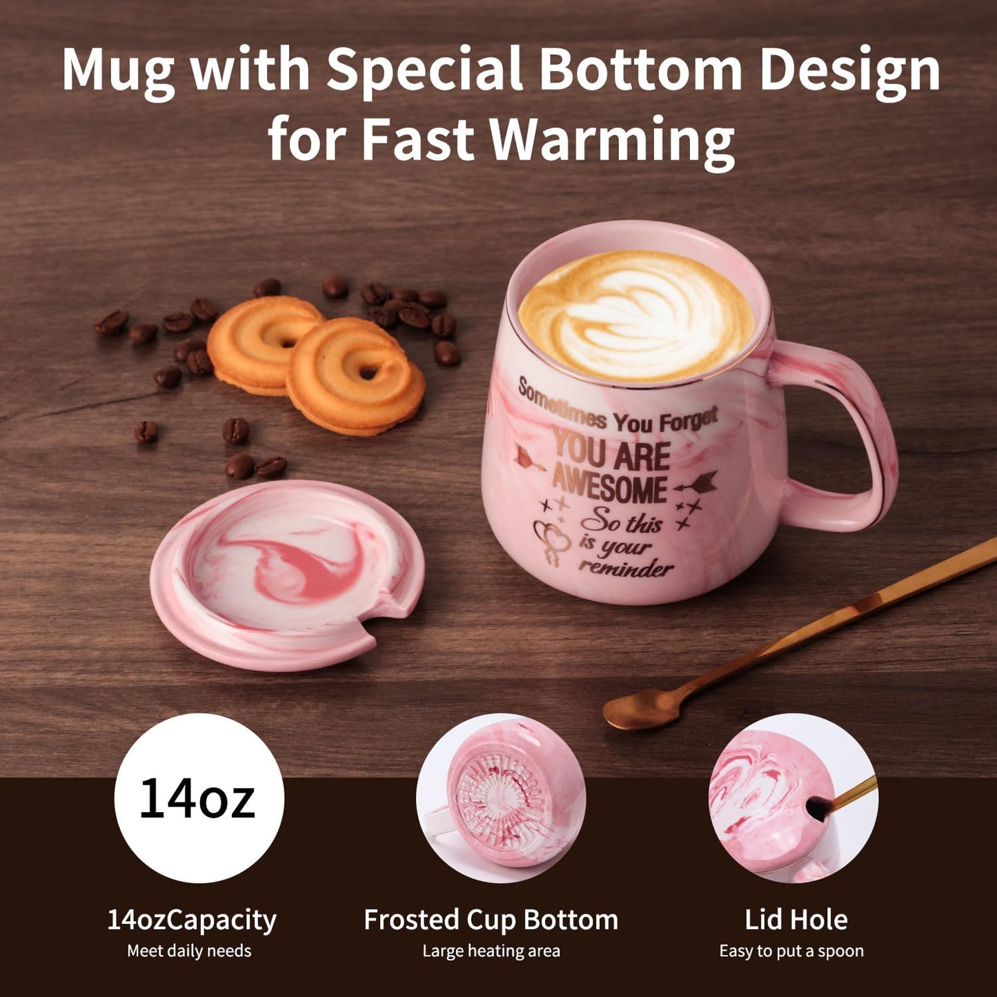 Coffee Mug Warmer & You are Awesome Mug Set, Electric Cup Warmer for Desk | Beverage Warmer Plate for Coffee, Tea, 4 Temperature Setting, 8-Hours Auto Shut Off, 14oz Mug with Spoon & Lid Included
