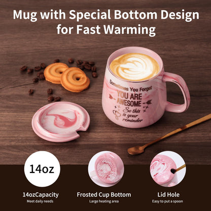 Coffee Mug Warmer & You are Awesome Mug Set, Electric Cup Warmer for Desk | Beverage Warmer Plate for Coffee, Tea, 4 Temperature Setting, 8-Hours Auto Shut Off, 14oz Mug with Spoon & Lid Included