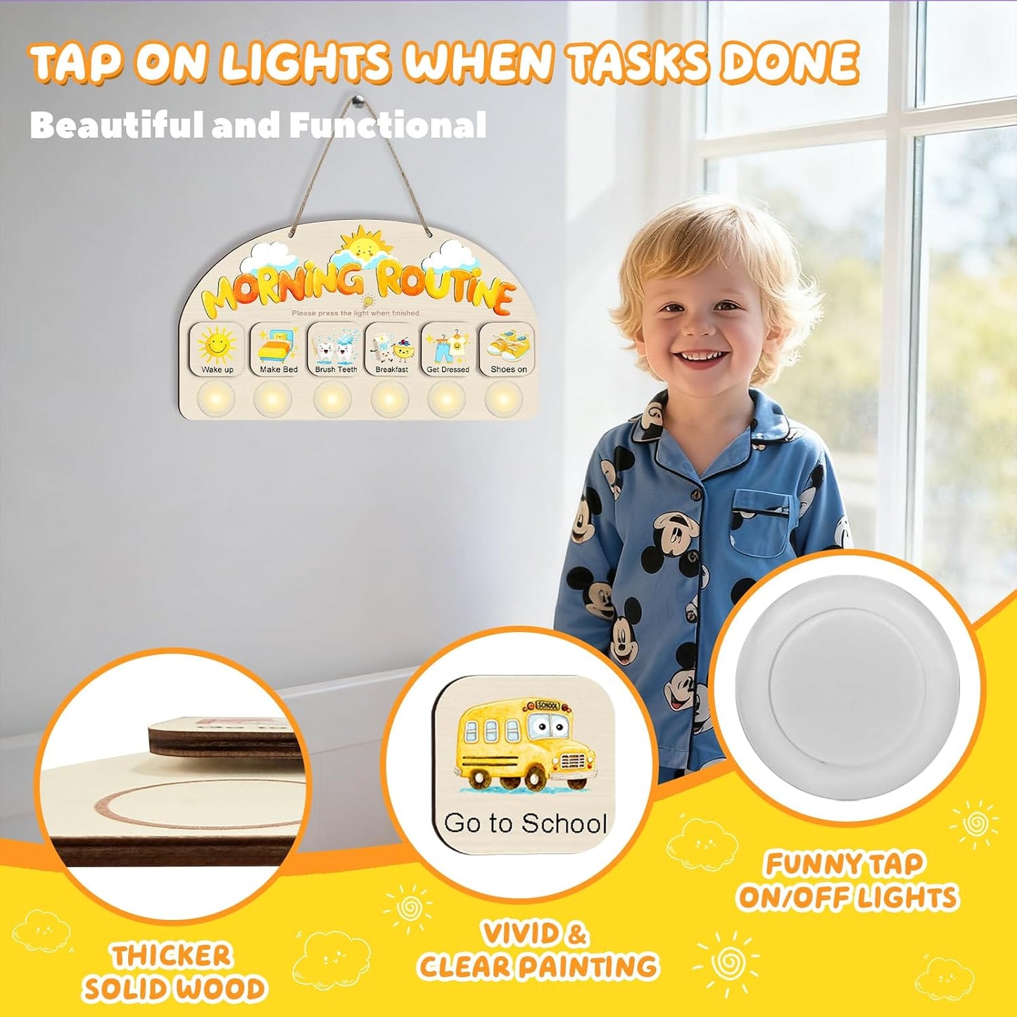 Morning Routine Chart for Toddlers, Visual Schedule Chart Planner | to Do List with 6 Tap Lights & 10 Activity Cards, Wooden Checklist Schedule Board for Kids, Autism, Preschoolers, ADHD Tools