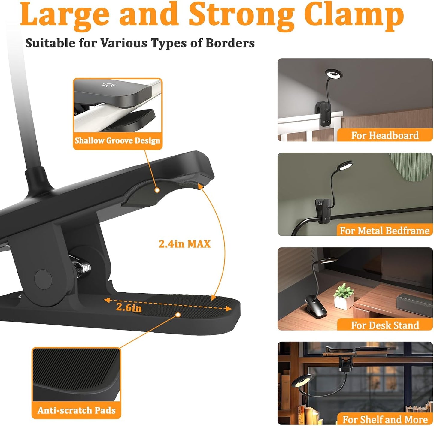 Rechargeable Clip Light, LED Bed Reading Lamp for Headboard & Desk | Strong Clamp, Portable, Cordless Battery Book Light w/ USB-C Cable, 25 Eye-Care Lighting Modes, Flexible Arm, Dorm Bunk Bed