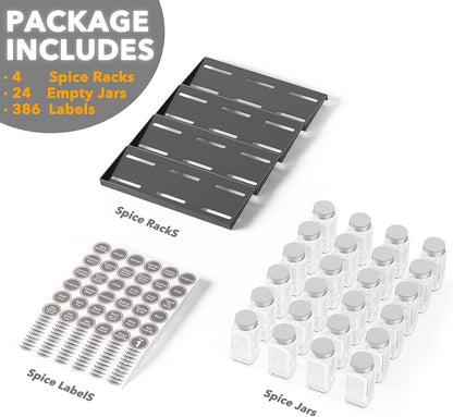SpaceAid Spice Drawer Organizer with 28 Spice Jars, 386 Spice Labels, 4 Tier Seasoning Rack Tray Insert for Kitchen Drawers, 13" Wide x 17.5" Deep