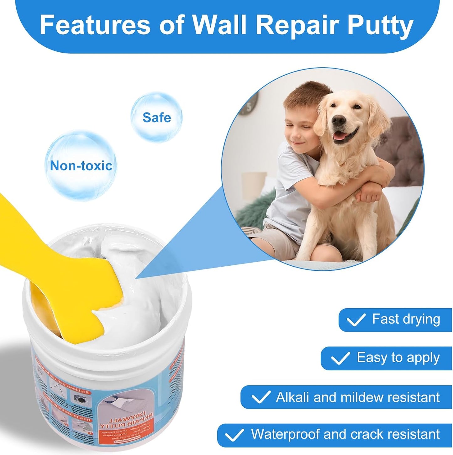 Drywall Repair Kit, Drywall Patch Repair Kit with 8.8OZ White Wall Repair Putty, Scraper Sandpapers Gloves for Heavy Duty Plaster Wall Repair, Easy to Fill Holes in Home Wall & Quick Repair Crack