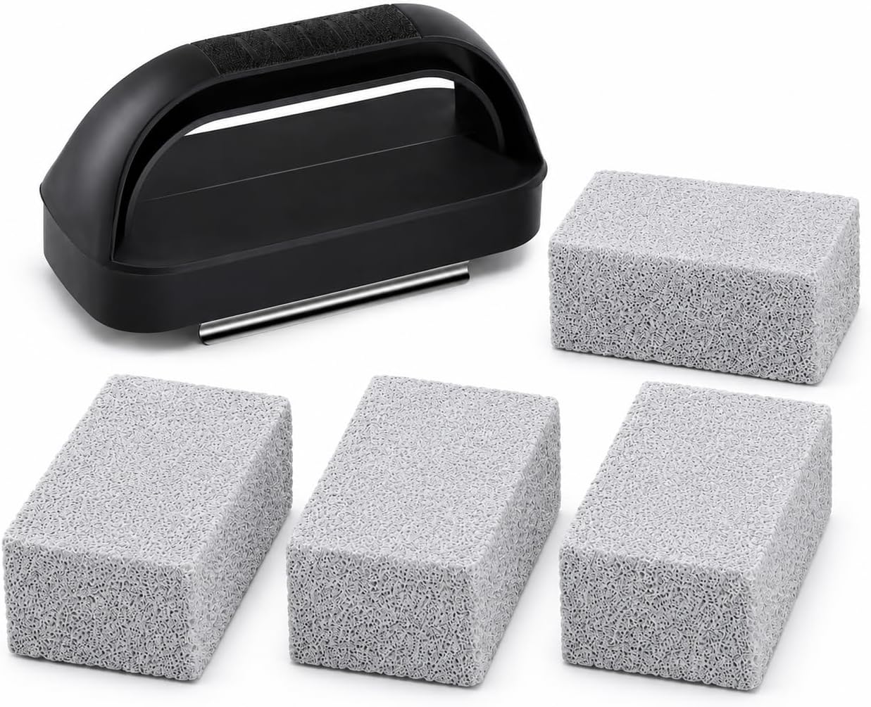 Pumice Stone with Handle for Blackstone Griddle, Grill Cleaning Brick for Burnt-On Grease, Flat Top Grill and Grates, Includes 1 Handle and 4 Stones