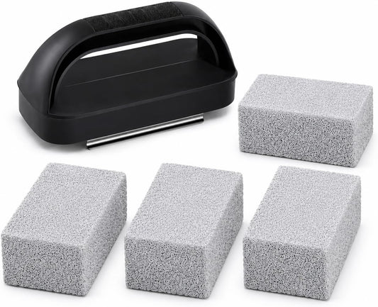 Pumice Stone with Handle for Blackstone Griddle, Grill Cleaning Brick for Burnt-On Grease, Flat Top Grill and Grates, Includes 1 Handle and 4 Stones