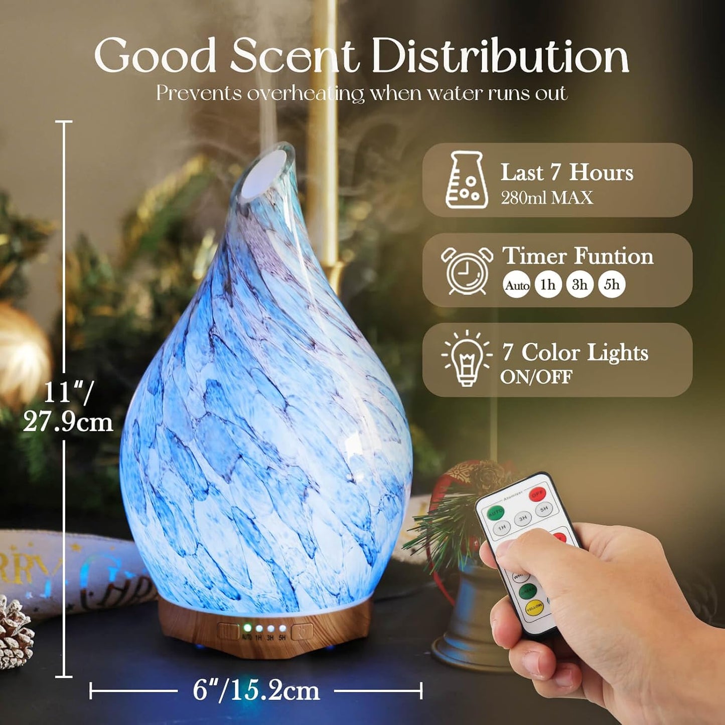 Porseme 280ml Remote Essential Oil Diffuser 3D Glass Ultrasonic Mist 7H | Elegant Handmade Glass Aroma Diffuser with 7-color LEDs, Quiet Aromatherapy and Safe Auto Shut-off, Perfect for Gifts