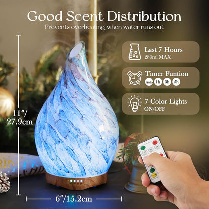 Porseme 280ml Remote Essential Oil Diffuser 3D Glass Ultrasonic Mist 7H | Elegant Handmade Glass Aroma Diffuser with 7-color LEDs, Quiet Aromatherapy and Safe Auto Shut-off, Perfect for Gifts