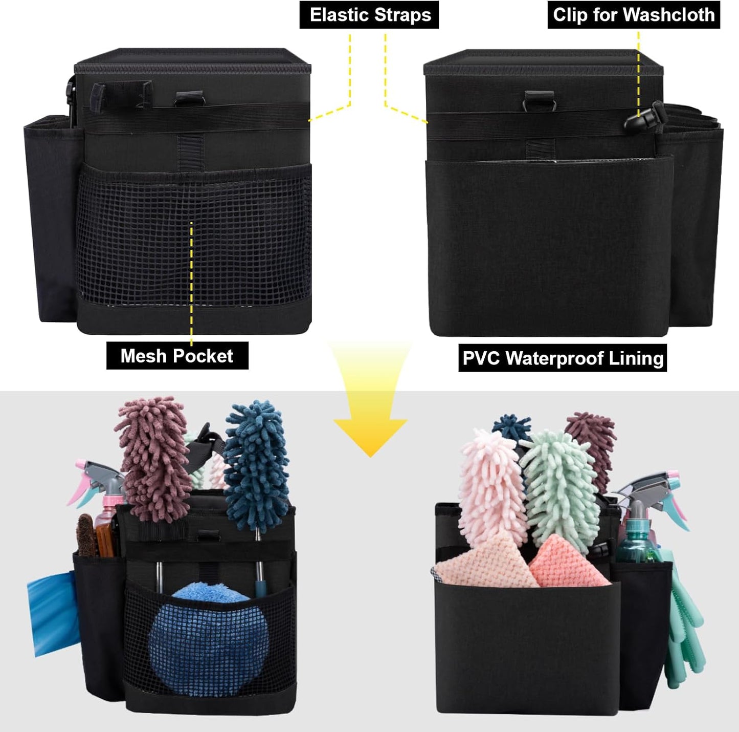 Wearable Large Cleaning Caddy Bag for Housekeepers (Black&Gray) | Cleaning Supplies Organizer with Adjustable Shoulder, Waist & Handle Straps, Detailing Bag for Kitchen Supplies