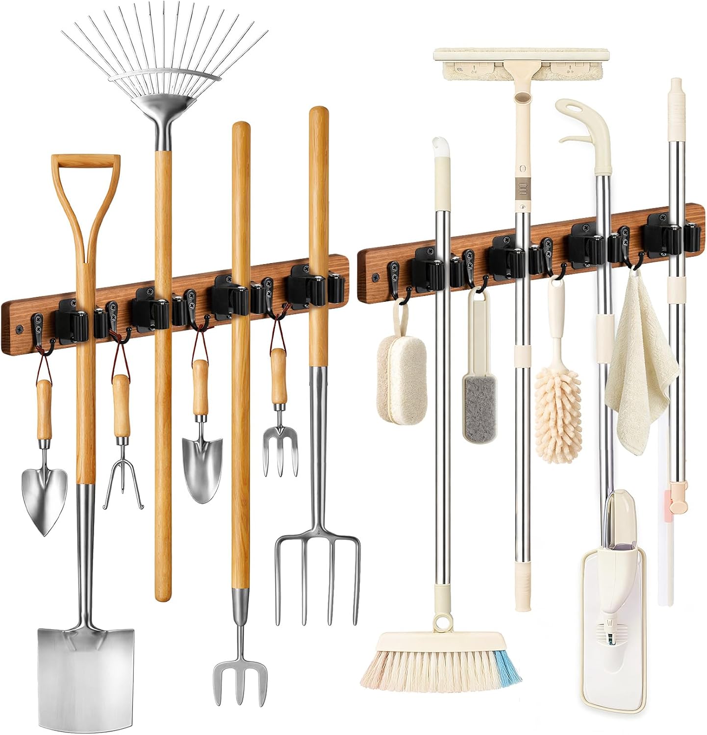 Lorbro 2 Pack Broom Holder Wall Mount, Wooden Rack with 4 Slot & 4 Hook | Broom and Mop Organizer Wall Hanging, Tool Organizer for Laundry Room, Closet, Garage, Kitchen