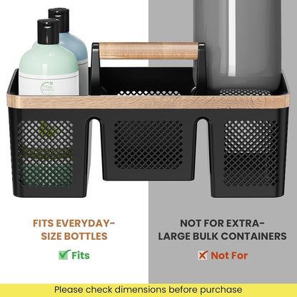 BYUNER Portable Cleaning & Shower Caddy with Handle: Rigid Plastic Basket with 4 Divided Compartments, All-Side Drainage for College Dorm, Bathroom & Utility Use, Black/Gold