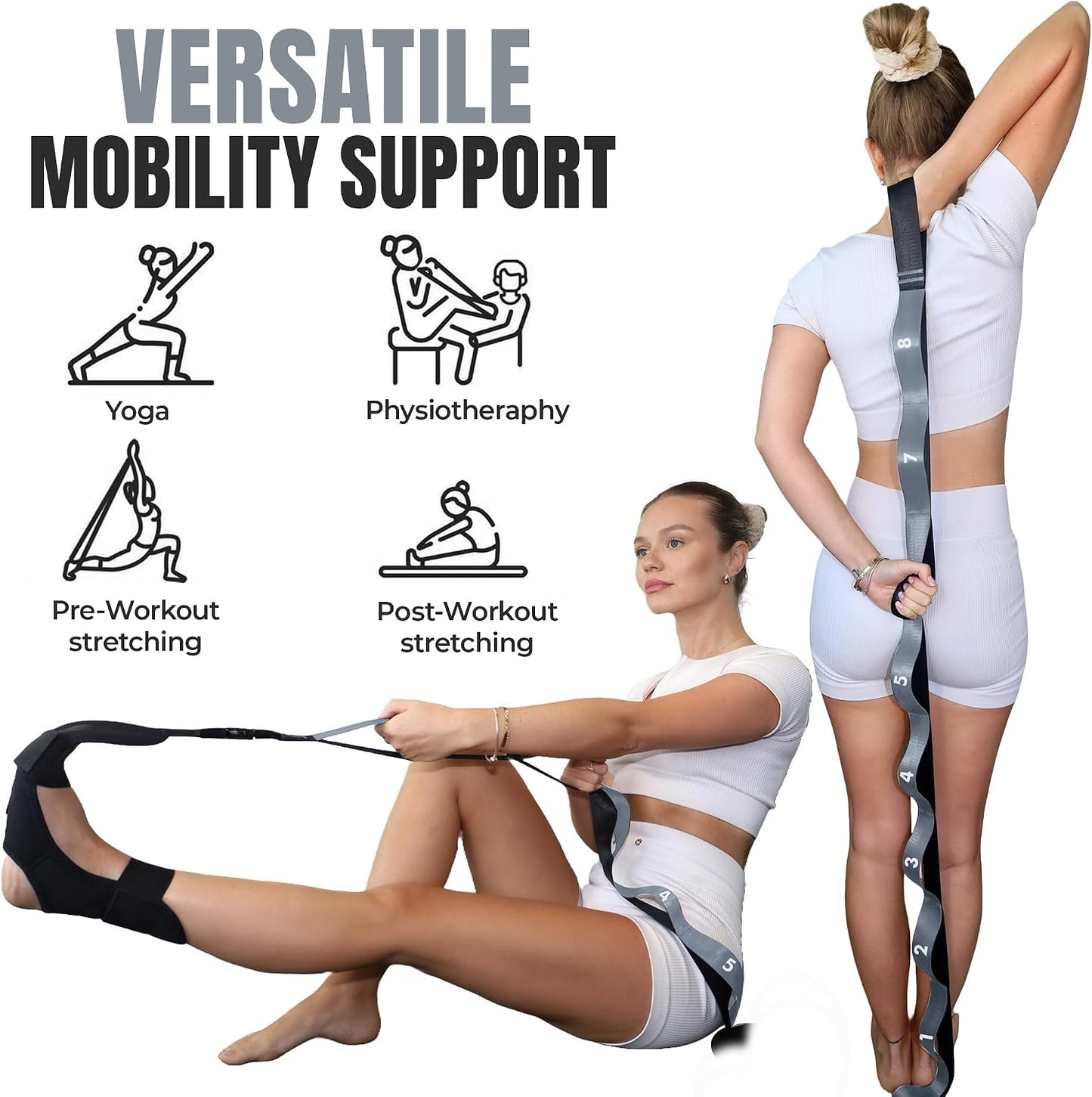 Stretch Strap with Loops Physical Therapy - Full Body Exercise Straps for Stretching with Detachable Foot - Leg & Calf Stretcher for Plantar Fasciitis, Physical Therapy, Pain Relief, and Flexibility