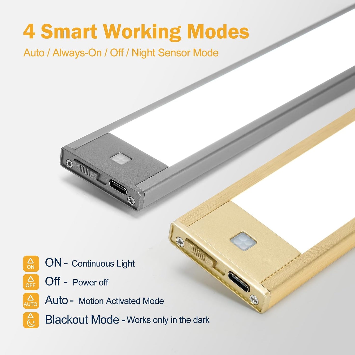 V4light Motion Sensor Cabinet Light, Rechargeable, Dimmable, 2Pcs, 9in | Gold aluminum, magnetic wireless, 1800mAh, 3 color temps & dimmable, ideal for kitchen cabinets, shelves & closets