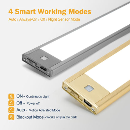 V4light Motion Sensor Cabinet Light, Rechargeable, Dimmable, 2Pcs, 9in | Gold aluminum, magnetic wireless, 1800mAh, 3 color temps & dimmable, ideal for kitchen cabinets, shelves & closets